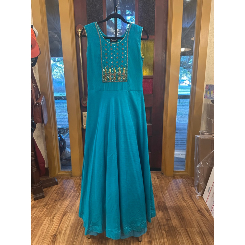 Rich Lady Anarkali Maxi Dress Turquoise Beaded Gown Large - Picture 2 of 8